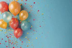 Group of Balloons With Confetti on Blue Background photo