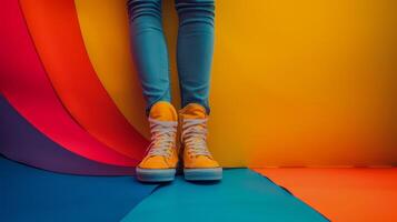 Person Standing on Top of Rainbow Colored Floor photo