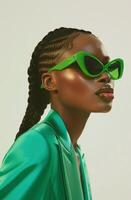 mujer vistiendo neón verde Gafas de sol y verde chaqueta foto