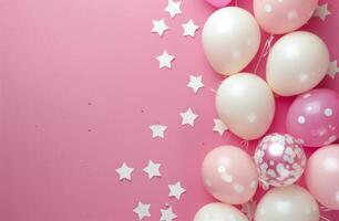 Pink and White Balloons and Confetti on a Pink Background photo