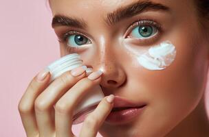 Woman Holding Jar of Cream to Face photo