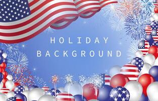 US holiday background with 3D objects. Copy space banner. USA waving flag, realistic balloons and fireworks. Set of elements. Backdrop blank with clipping mask. Festive design. Billboard template. vector