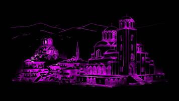Neon frame effect ancient city of Plovdiv and the Rila Monastery, glow, black background. video