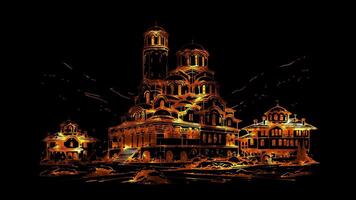 neon kader effect oude stad van plovdiv en de rila klooster, gloed, zwart achtergrond. video