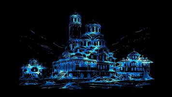 Neon frame effect ancient city of Plovdiv and the Rila Monastery, glow, black background. video