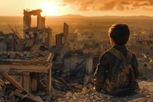 Young Boy Sitting on Top of Rubble photo