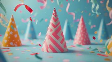Group of Party Hats With Confetti and Streamers photo