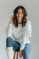 Woman Sitting on Top of Wooden Stool photo