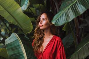 Woman in Red Dress Standing in Jungle photo
