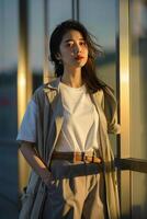 Woman Standing by Window Next to Building photo