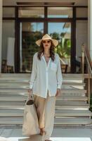 Woman Walking Down Sidewalk Carrying Bag photo