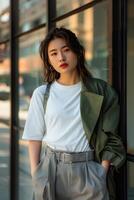 Woman Standing by Window Next to Building photo