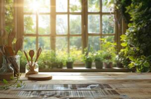 Cup Filled With Wooden Spoons on Wooden Table photo