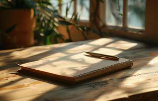 Notebook and Pen on Wooden Table photo