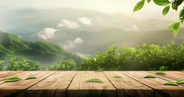 Wooden Table Overlooking Majestic Mountain Range photo