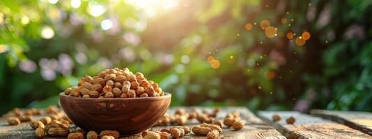 Wooden Bowl Filled With Nuts on Wooden Table photo