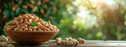 Wooden Bowl Filled With Nuts on Wooden Table photo