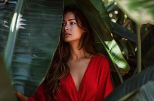 Woman in Red Dress Standing in Jungle photo