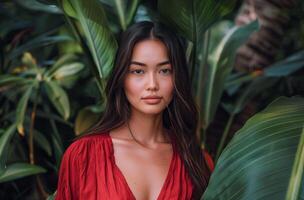 Woman in Red Dress Standing in Jungle photo