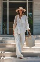 Woman Walking Down Sidewalk Carrying Bag photo