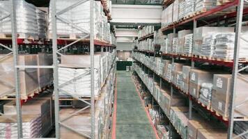 Warehouse aisle with stacked pallets and boxes in storage racks video