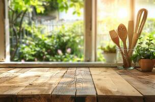 de madera mesa con utensilios y taza de líquido foto