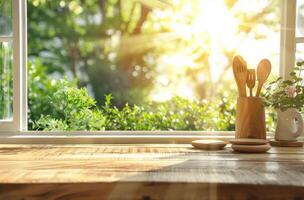 Cup Filled With Wooden Spoons on Wooden Table photo