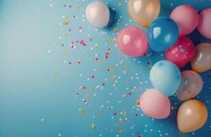 Group of Balloons With Confetti on Blue Background photo
