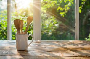 Cup Filled With Wooden Spoons on Wooden Table photo
