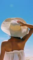 Woman in Bikini and Hat on Beach photo