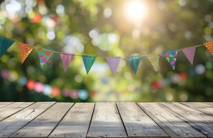 Wooden Table Top With Bunting Flags in Background photo