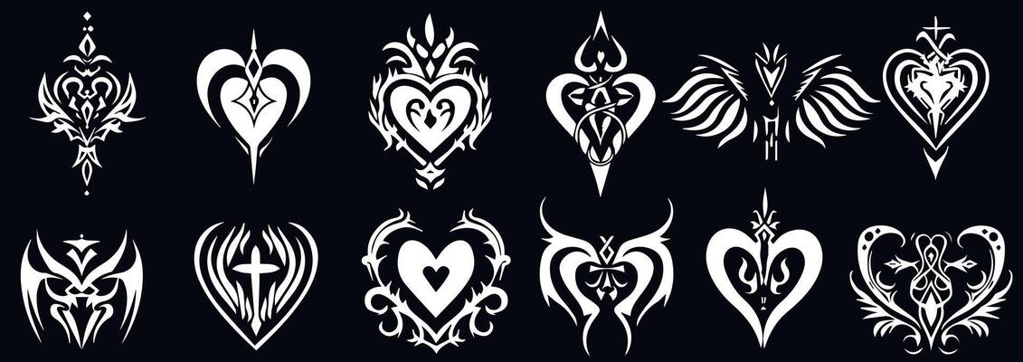 Acid Neo-tribal shapes. Abstract ethnic shapes in gothic style. Hand drawn modern elements for typography, tattoo, poster, cover. Dripping heart tattoo prints
