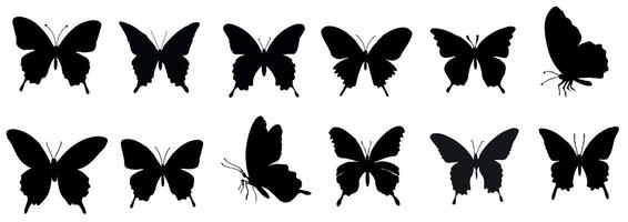 Flying butterflies silhouette black set isolated on white background. Set of butterflies, ink silhouettes. Glowworms, fireflies and butterflies icons vector