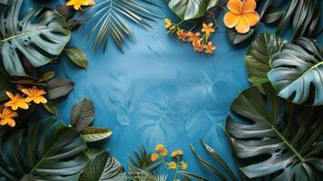 Blue Background With Oranges, Palm Leaves, Sunglasses, and a Hat photo