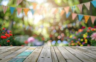 Wooden Table Top With Bunting Flags in Background photo