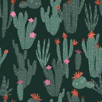 Cactus abstract ornament. Exotic desert cacti, wild plants, prickly succulents in flat style. Bright botanical seamless pattern. vector