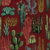 Cacti and succulents hand drawn seamless pattern. Graphic ink sketches of different desert plants. Abstract colored botanical background Design for wallpaper, wrap, textile, fabric, card, print vector