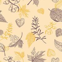 Outline foliage seamless pattern. Hand drawn illustration. Colored ornament with ink sketches of leaves. Botanical vintage design for fabric, textile, wallpaper, background, print, decor, wrap vector