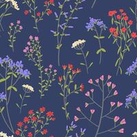 Wild plants seamless pattern. Floral ornament in simple style. Hand drawn illustration. Bright abstract botanical design. vector