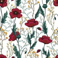 Poppy, wild flowers hand drawn seamless pattern. Abstract botanical sketches of field plants. Colored vintage floral background. Gentle design for wallpaper, fabric, print, decor, textile, wrap vector