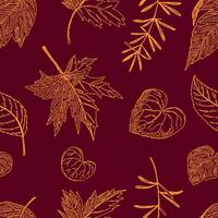 Outline foliage seamless pattern. Hand drawn illustration. Colored ornament with ink sketches of leaves. Botanical vintage design for fabric, textile, wallpaper, background, print, decor, wrap vector