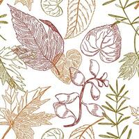 Outline foliage seamless pattern. Hand drawn illustration. Colored ornament with ink sketches of leaves. Botanical vintage design for fabric, textile, wallpaper, background, print, decor, wrap vector