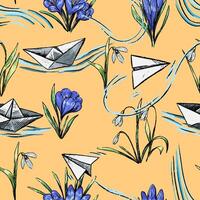 Sketches of flowers snowdrops, crocuses and paper plane, boats. Vintage hand drawn spring seamless pattern. vector
