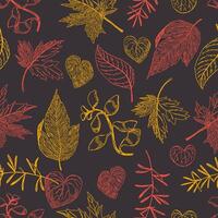 Outline foliage seamless pattern. Hand drawn illustration. Colored ornament with ink sketches of leaves. Botanical vintage design for fabric, textile, wallpaper, background, print, decor, wrap vector