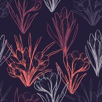 Ornament of spring flowers crocuses. Vintage spring seamless pattern. Hand drawn wild plants botanical design. vector
