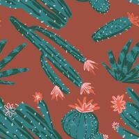 Cactus abstract ornament. Exotic desert cacti, wild plants, prickly succulents in flat style. Bright botanical seamless pattern. vector