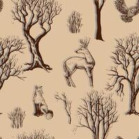 Owl, fox and deer in the forest. Vintage seamless pattern. Animals and tree sketches. Hand drawn natural wallpaper. Outline forest life background. For wrapping, paper, textile, postcard, print vector