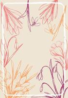 Delicate colorful greeting card. Spring card design with hand drawn contour snowdrops and crocuses. Place for text. Wedding, invitations, anniversary, birthday, valentines etc Flower background vector