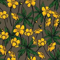 botón de oro anémona flores, salvaje plantas decorativo fondo de pantalla. mano dibujado Clásico sin costura modelo. botánico realista amable floral antecedentes. vistoso diseño para envoltura, textil, imprimir, tela. vector