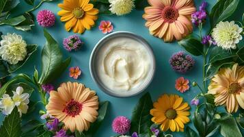Bowl of Whipped Cream Surrounded by Flowers photo
